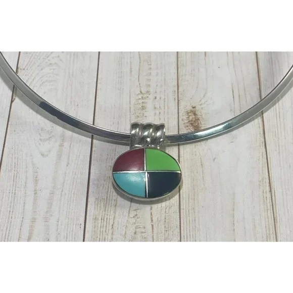 Vintage 925 Choker Necklace Multi Gemstone Pendant Modernist 15 inches - Picture 4 of 7